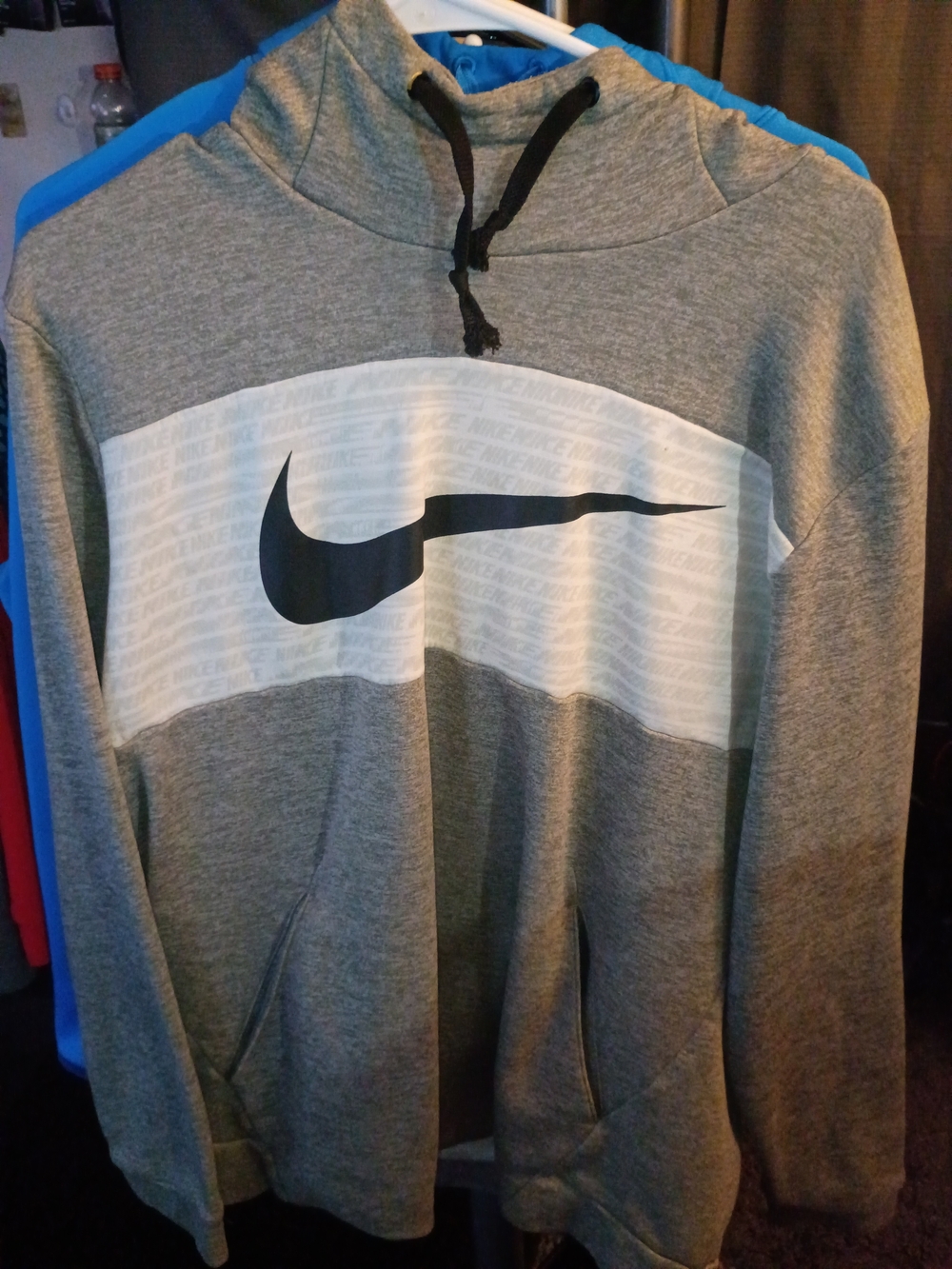 Nike Grey Hoodie with White Stripe and Black Swoosh